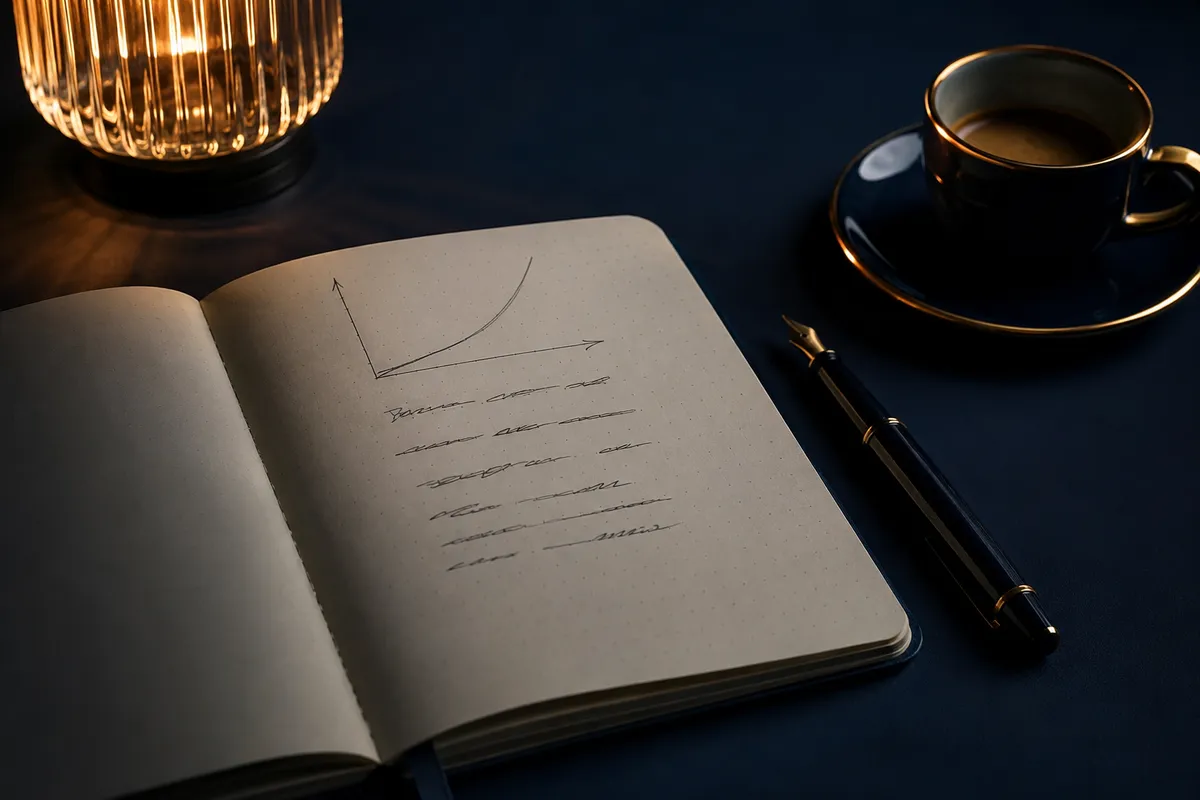 Cuaderno abierto con métricas de producto anotadas a mano junto a un café