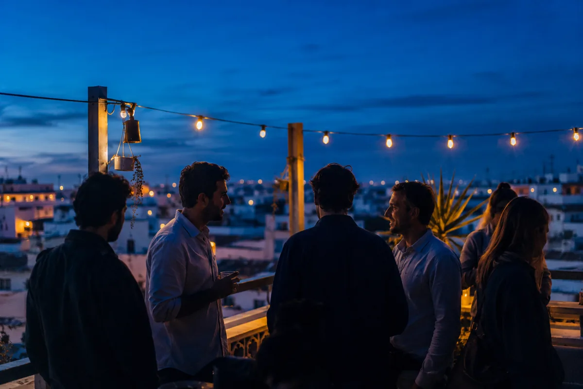 Grupo de fundadores conversando en una terraza al atardecer en Sevilla